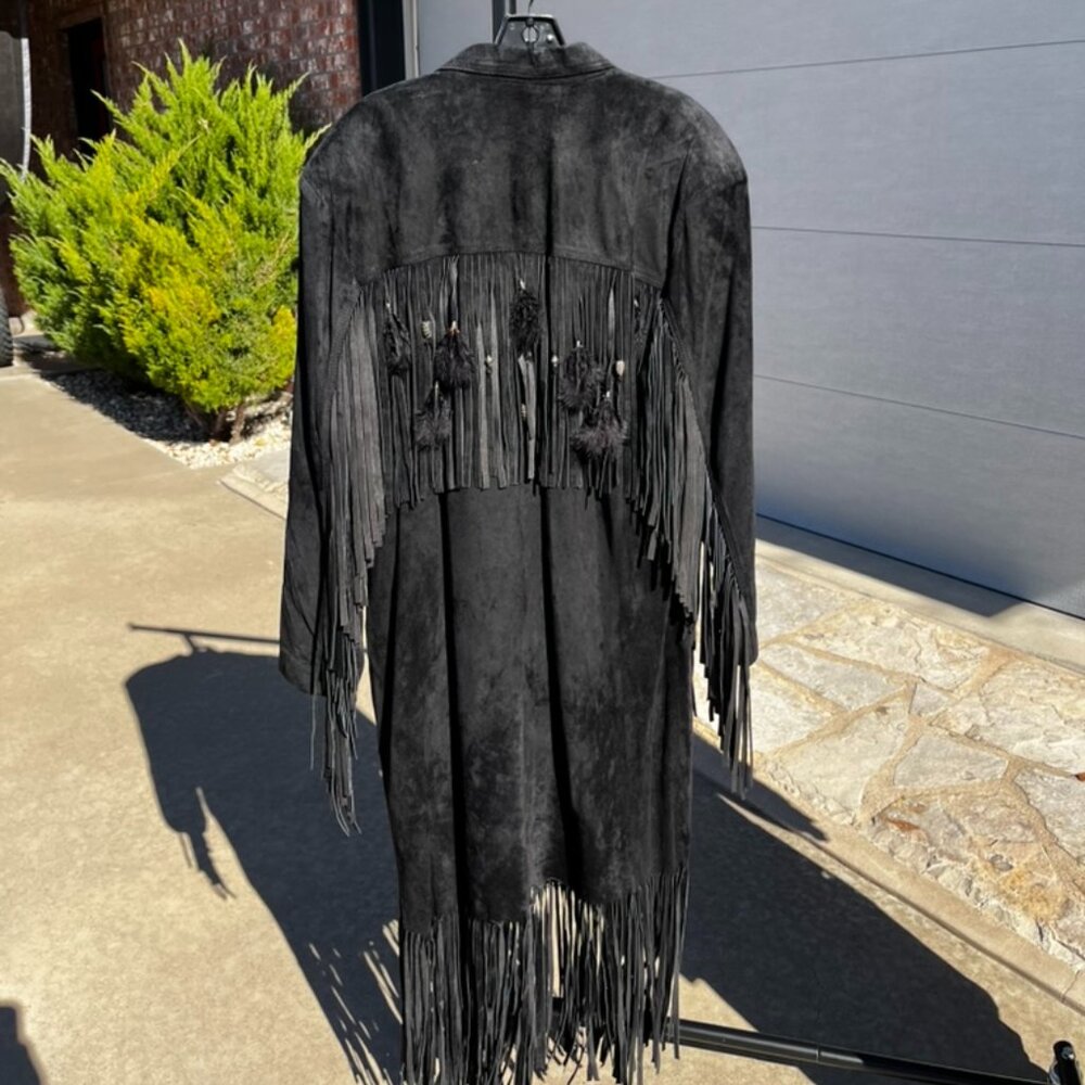Women's Vintage (90s) Black Leather Fringe Western Duster - Picture 3 of 10
